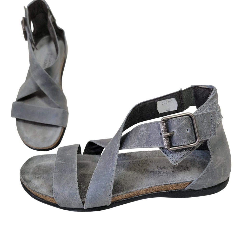 Naot Rianna Vintage Slate Gray Leather Strappy Ankle Strap Sandals Sz EU 40 US 9